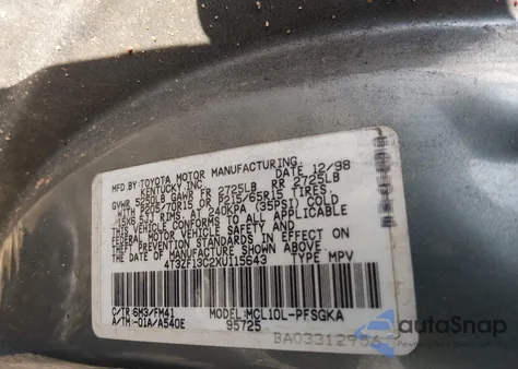 1999 Toyota Sienna Xle z USA, uszkodzony, nr VIN 4T3ZF13C2XU115643